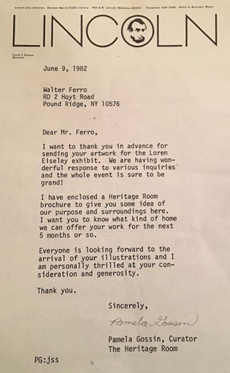 Letter to Walter Ferro regarding his loan of illustrations for exhibit.