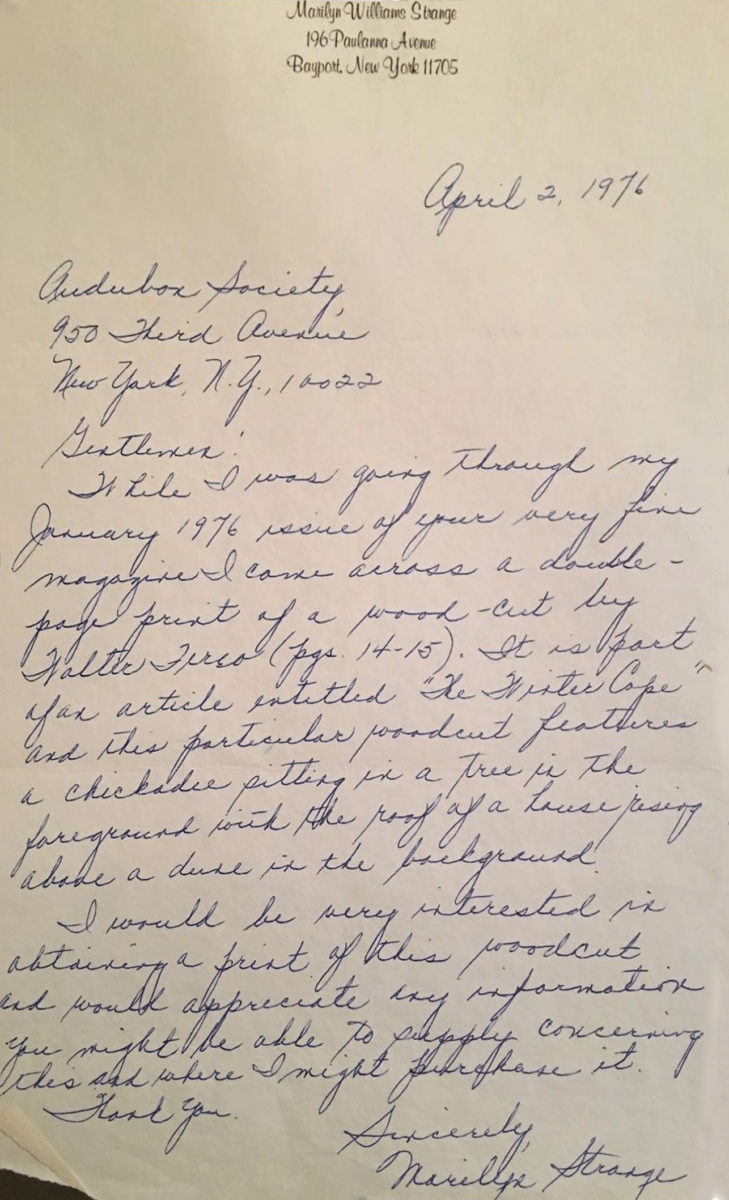 Handwritten letter to the Audubon Society regarding wood-cut print by Walter Ferro.