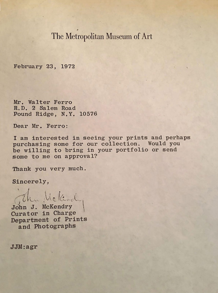 Metropolitan Museum of Art letter to Walter Ferro about potential purchase of prints for their collection.