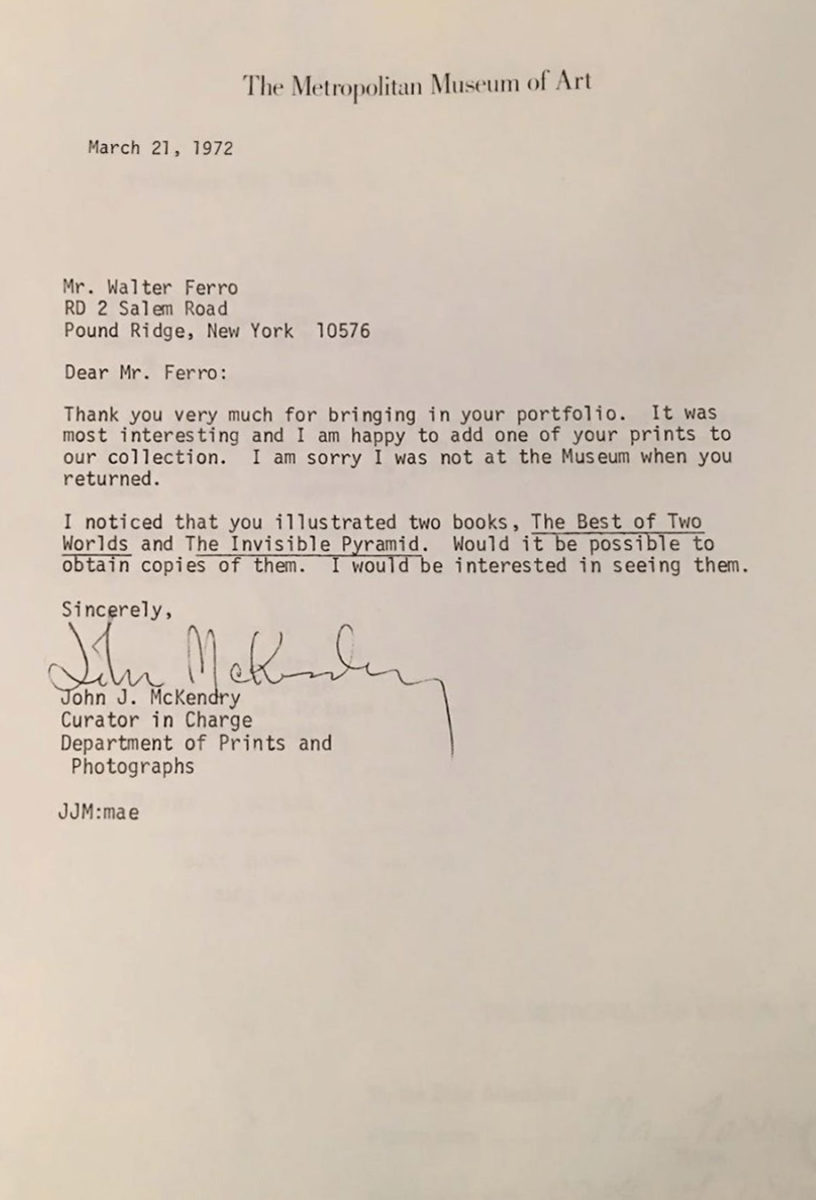 Metrolpolitan Museum of Art letter to Walter Ferro regarding acquisition of a print