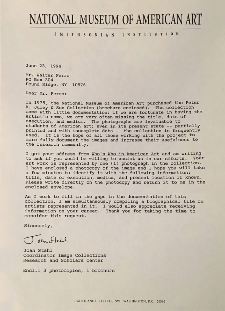 Letter to Walter Ferro from the National Museum of American Art requesting his information for their records.